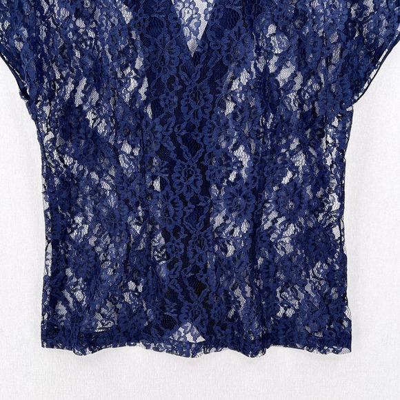 VINTAGE VICTORIAS SECRET Gold Label Lace Top Women Medium Navy Blue Short Sleeve - Picture 7 of 12